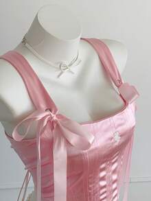 Comfortcana 2026新款春夏时尚女士优雅系带露脐宽肩带上衣，夏季女士情人节派对上衣，海滩外出上衣，优雅女士度假休闲上衣，Y2K风格粉色上衣，春假，粉色上衣，海滩度假，夏季假期，情人节，粉色光泽缎面刺绣收腰修身蝴蝶结鱼骨束身衣，情人节，狂欢节，海滩，假日，居家休闲，街头，大学 - 粉色 - 查看 7