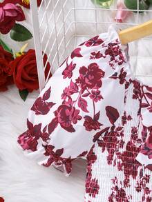 Sparklyn 女童印花连体衣，方领泡泡袖，夏季度假风 - 酒紅色 - 查看 5