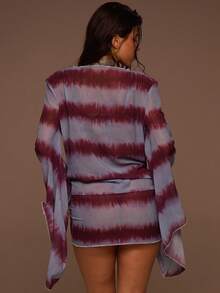 Musera Resort Đầm mini tay dài cổ đổ xẻ sâu bằng vải chiffon lưới nhuộm tie-dye, thích hợp mặc đi biển, nghỉ mát, hàng ngày, gợi cảm, dễ thương, phong cách boho, du lịch, Sunspell. - Nhiều màu - Xem 4