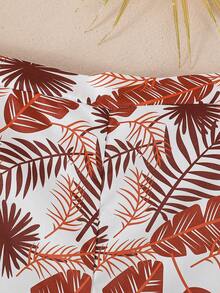 女童棕色罗纹针织无袖上衣+树叶印花直筒裤两件套，休闲日常穿搭，春夏款 - 棕色 - 查看 9