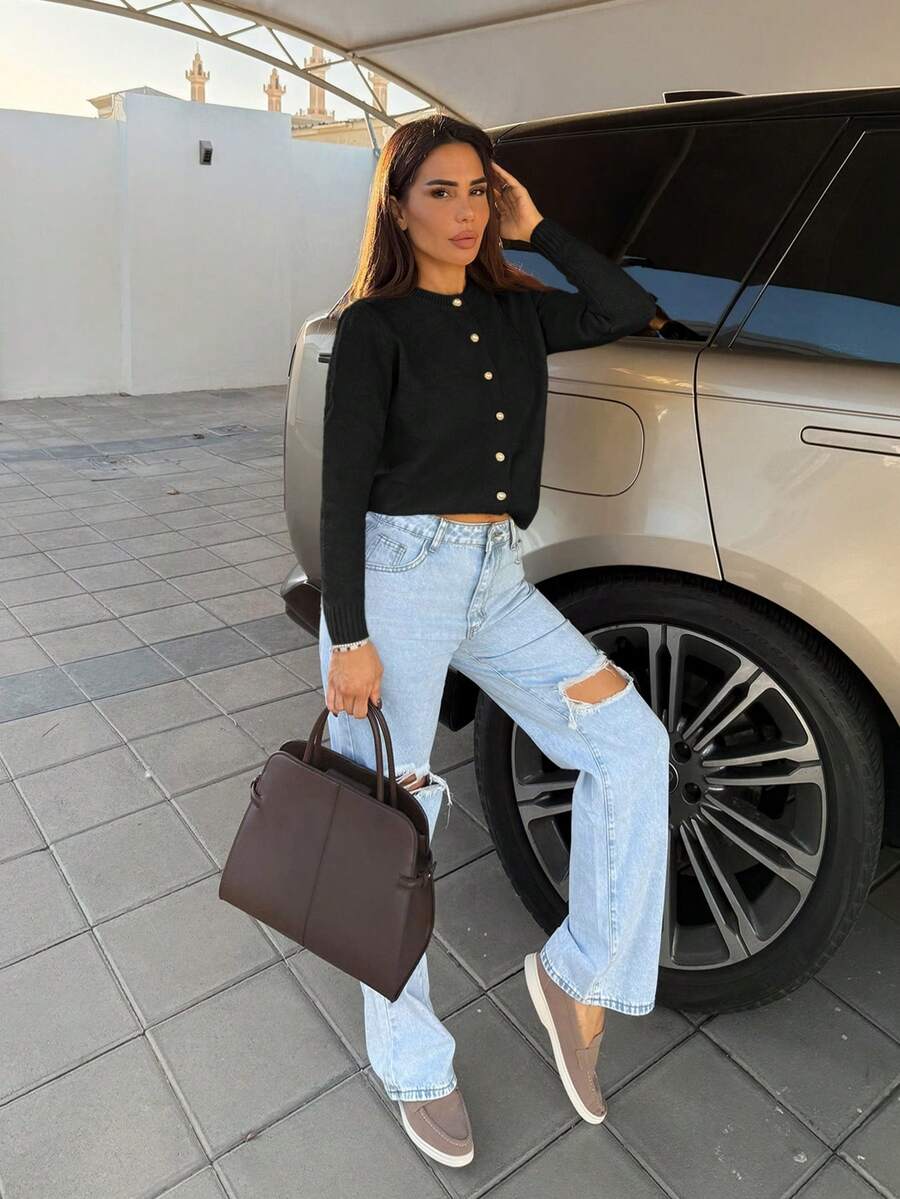 Milla Jasmine Women's Minimalist Versatile Elegant Cardigan Fall Winter Cloth For Women Crop Cardigan Button Up Cardigan Formal Clothing - Black - View 1
