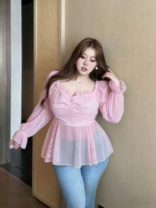 Vibekara New Arrival Sweet Elegant Chiffon & Lace Patchwork Puff Sleeve Blouse, Ruffle Hem Cropped Shirt For Women, Suitable For Spring, Summer, Fall - Pink - View 5