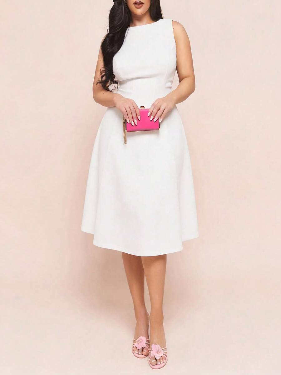 SHEIN Clasi Plus Size Elegant White Summer Curve Cocktail Party Dress,Sleeveless Solid Color Midi Fit And Flare Evening Dresses For Weddings,Prom Graduation Dress