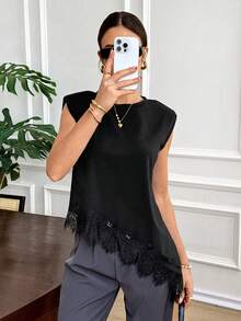Serisse Áo thun nữ phối ren, vạt áo bất đối xứng, kiểu dáng thường ngày, đa năng. - màu đen - Xem 5
