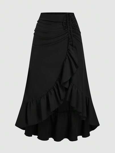 SHEIN CURVE+ 夏季新款甜美清新高腰显瘦荷叶边下摆大码半身裙