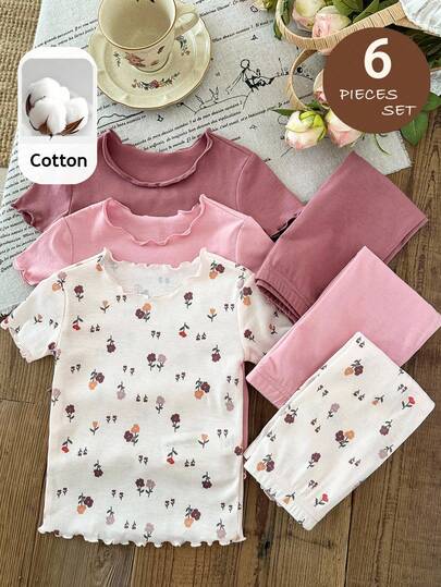 LMoss Kids 6pcs Baby Girl Cute Floral Elastic Knit Short Sleeve Romper Set