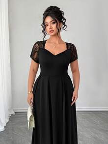 SHEIN Elenzya Plus Size Lace Patchwork Black Summer Elegant Formal Dress, Date Night Party Waist Versatile Chic Tea Ankle Length Midi Cocktail - Black - View 6