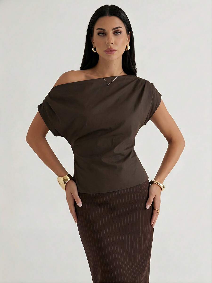 Firerie Áo kiểu nữ màu nâu cà phê đậm, vai lệch, thoải mái, thích hợp mặc đi nghỉ mát, áo sơ mi đi nghỉ mát thường ngày, trang phục mùa xuân/hè, thanh lịch, đi làm, trang phục công sở, đi học, nghỉ mát, phong cách bohemian, đi biển, dịp trang trọng, thoải mái, cổ điển, áo kiểu, trang phục đi làm. - Cà phê nâu - Xem 1