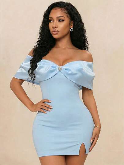 Eryvara Women's Elegant Solid Color Shiny Mesh One-Shoulder Strapless Fitted Bodycon Mini Dress With Slit, Suitable For Spring And Summer