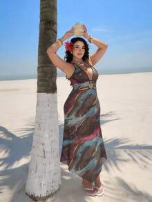 Sunnyshic Mesh Digital Print Elastic Knit Circular Accessory Dress, Sexy Resort/Island Vacation/Beach - Khaki - View 6