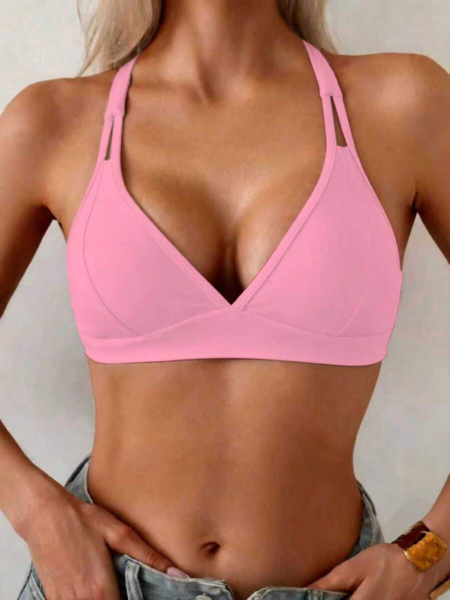SHEIN Swim 女士纯色交叉后背带简约休闲比基尼上衣 - 粉色 - 查看 1