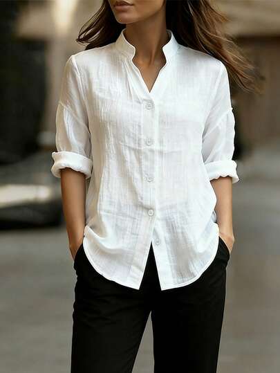 EMERY ROSE 2026 New Women's Loose Semi-Sheer White Shirt Long Sleeve Small V-Neck Smocked Detailing Crinkle Fabric Casual Office Commute Minimalist Preppy Style Blouse Linen Shirts For Women Linen Blouses For Women Business Casual Women Shirts White Button Up Shirt Women White Shirt
