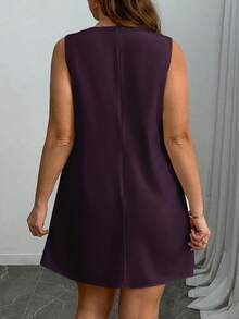 SHEIN Unity Plus Size Women Casual Elegant Short Dress, Solid Color, Round Neck, Sleeveless, With Bowknot Dress - Purple - View 2