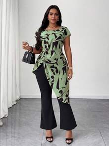 Maweii Plus Size Women's Irregular Hem Twist Waist Casual Vacation Irregular Geometric Print Scoop Neck Short Sleeve Blouse, Women's Vacation Outfit - Multicolor - View 4