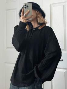 FRIFUL Women's Black Contrast Color Lapel Textured Fabric Drop Shoulder Long Sleeve Loose Casual Versatile T-Shirt, Autumn - Black - View 4