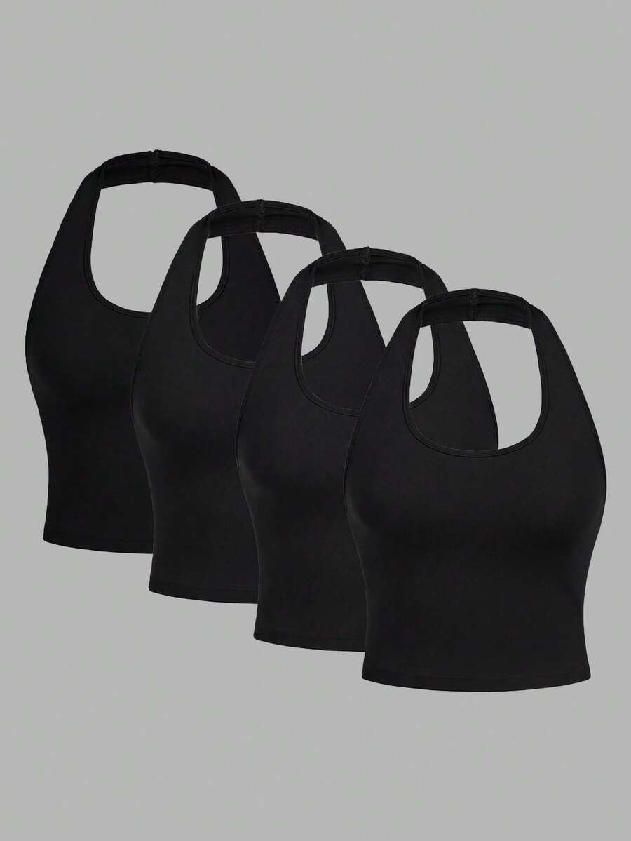 SHEIN EZwear 4件套休闲简约短款圆领紧身背心，适合夏季穿着 - 黑色 - 查看 1