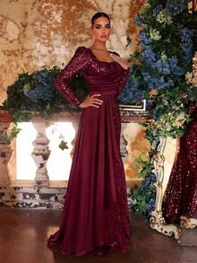 Aureia Vải sequin màu đỏ rượu vang thanh lịch, lãng mạn, trang nhã, sang trọng, phối satin, xếp ly, thích hợp cho các dịp lễ, kỳ nghỉ, tiệc sinh nhật, đám cưới, tiệc tối trang trọng. - Màu Đỏ Sâu - Xem 5