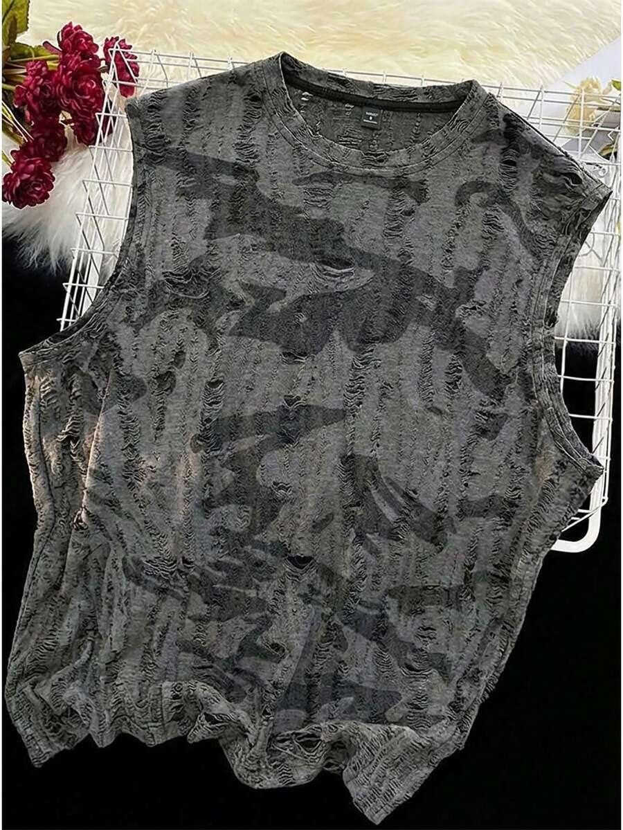 Manfinity Homme Men's Street Style Distressed Texture Jacquard Crew Neck Sleeveless Fashion Tank Top - Dark Grey - View 1