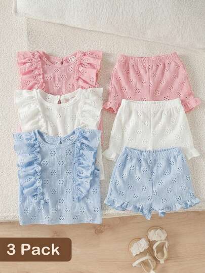 SHEIN Playful Pals 3pcs/Set Colorful Heart Striped Print Ruffle Hem Round Neck T-Shirt, Soft & Comfortable Casual Cute Spring/Summer New Arrival