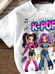 Set de 2 piezas de camiseta y pantalones cortos con estampado de personajes de dibujos animados para niña, adecuado para el verano - Multicolor - Ver 5