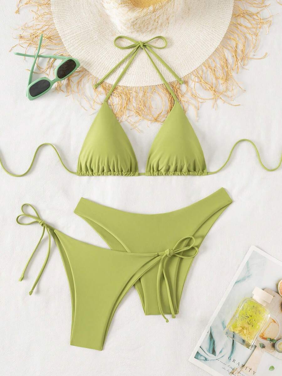 Swim Basics 3pcs Women's Minimalist Solid Color Backless Tie-Front Halter Bikini Set, Suitable For Beach & Holiday - Olive Green - View 1