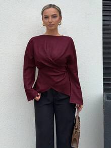 Jeta Ari Women's Casual Commuter Solid Color Cross-Wrap Shirt,Red Top Winter Christmas New Year Burgundy Spring Valentine's Day - Burgundy - View 6