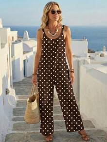 SHEIN LUNE Brown Polka Dot Pattern Casual Jumpsuit For Women, Versatile For Spring/Summer - Brown - View 3