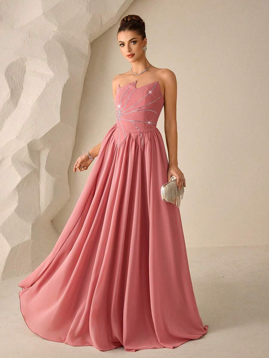 Coutiva Đầm dạ hội trang trọng dành cho nữ, chất liệu chiffon đính ngọc trai (thêu họa tiết cầu kỳ) - Màu Hồng  Dưa hấu - Xem 1