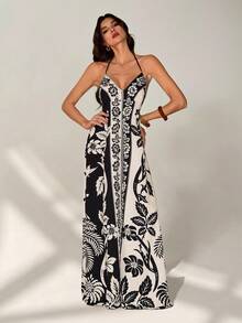 SHEIN Tall Đầm maxi nữ mùa hè kiểu dáng thoải mái, dây mảnh, họa tiết hoa và cây dừa phong cách nhiệt đới boho, in hình hoa và dừa, thích hợp cho kỳ nghỉ. - Nhiều màu - Xem 9