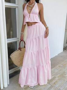 Sunnyshic Bộ đồ 2 món gồm áo crop top cổ yếm hở lưng chữ V sâu kẻ sọc vàng và chân váy xòe cạp thấp xếp ly, thanh lịch, lãng mạn, thích hợp cho kỳ nghỉ, tiệc tùng, phong cách tối giản, thường ngày. - Hồng - Xem 4