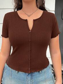 SHEIN EZwear 棕色V领纽扣休闲短袖T恤，适合大码女性 - 棕色 - 查看 3