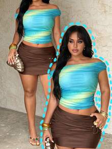 Rustia Damska koszulka z odkrytymi ramionami w dużym rozmiarze, swobodny krój, barwiony metodą tie-dye, luźny, wygodny top na wiosnę/lato - Wielokolorowe - Zobacz 1