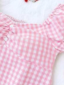 SHEIN Tween Girls' Casual Minimalist Comfortable Plaid Back Strap Shirt - Pink - View 6