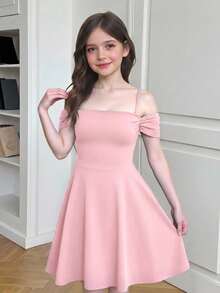 SHEIN Tween女孩優雅露肩收腰A字天鵝絨秋季洋裝 - 粉色 - 查看 3