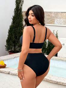 Swim Vcay Plus Size Women Summer Beach Solid Color Metal Decor Linked Bikini And Triangle Briefs Swimwear Set - Black - View 2