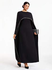 Elegant Black Middle Eastern Abaya Dress With Crystal Embellished Trim - Black - View 8