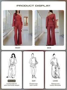 Nöista Conjunto de dos piezas, top asimétrico de un solo hombro con manga larga y pantalones acampanados de cintura alta a juego, todo en tela de satén jacquard. Primavera, verano, evento formal, look diario, Pascua, coordinado, conjunto de dos piezas. Invitado de boda. - Óxido marrón - Ver 11