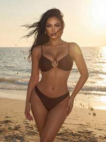 Swim SXY Women's Solid Color Metallic Fabric Spaghetti Strap Clasp Decor Casual Sexy Beach Bikini Swimwear Set, Spring/Summer - Brown - View 6