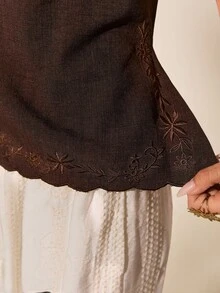 Poéselle 女士花卉刺绣装饰复古吊带背心性感露背度假背心 - 棕色 - 查看 5