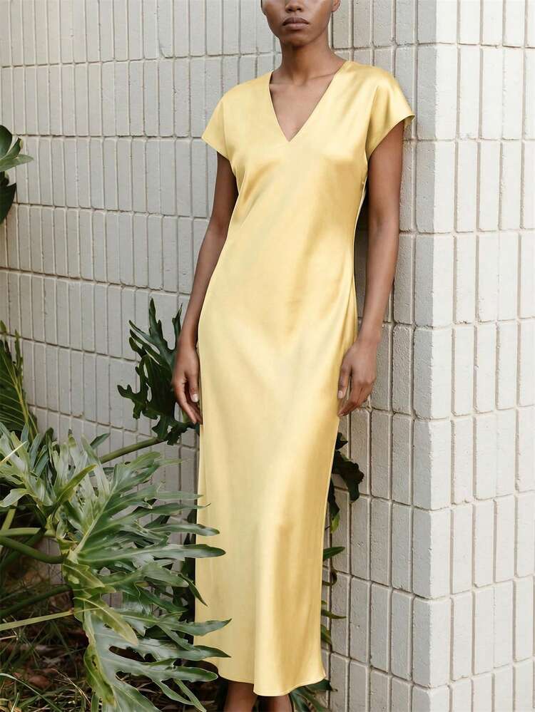 SHEIN Maija MAIJA elegantes Party V-Ausschnitt Maxikleid mit Schlitz an der Seite und Langarm