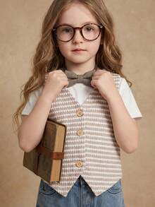 年轻女孩条纹印花纽扣前背心 - 白色 - 查看 2