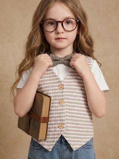 年轻女孩条纹印花纽扣前背心