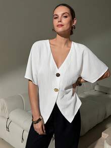 Lavishia V-Neck Cardigan Blouse, Elegant And Comfortable Top - White - View 4