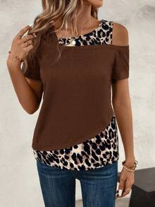 SHEIN LUNE Camiseta casual de mujer con estampado de leopardo y hombros descubiertos, para verano - Marrón - Ver 5