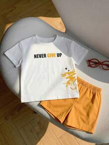 SHEIN 2pcs/Set Baby Boy/Girl White Summer Graphic Beach Outfit,Letter Print Crew Neck Top T-Shirt&Elastic Waist Shorts Set,Casual Sports Streetwear Style - Multicolor - View 3