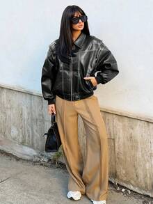 Ronhire 女式纯色长袖拉链休闲宽松 PU 皮夹克，秋季 - 黑色 - 查看 6