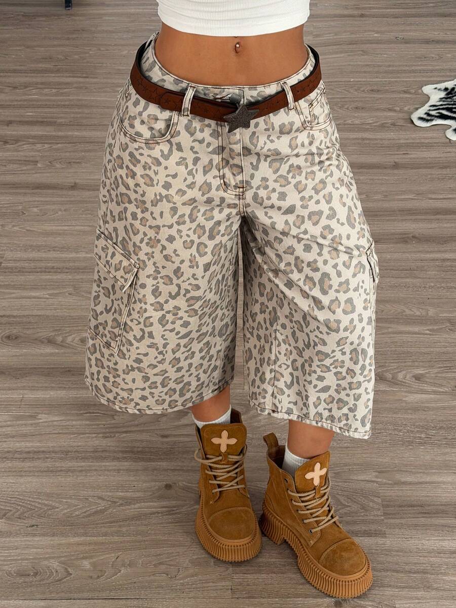 Muchica Women's Leopard Print Low Waist Wide Leg Cargo Capri Jeans - Multicolor - View 1