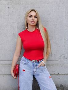 Elenary Edit Women Summer Casual Solid Color 2 In 1 T-Shirt Valentine's Day - Red - View 1
