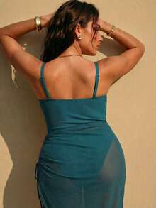 Swim Lushoire Plus Size Women's Ruched Flounce Drawstring Waist Beach Party Swimsuit, Summer - Teal Blue - View 2