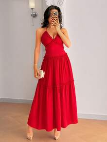 Franclia Romantic Red Sleeveless Frill Trim Splice Dress, Casual Summer Holiday - Red - View 4